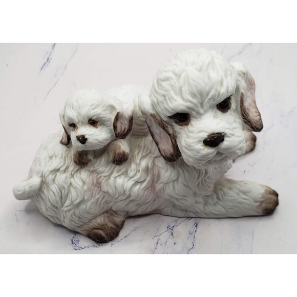 Mother and Puppy White Poodle Ceramic Hand Painted Dogs Figurine - Picture 5 of 8